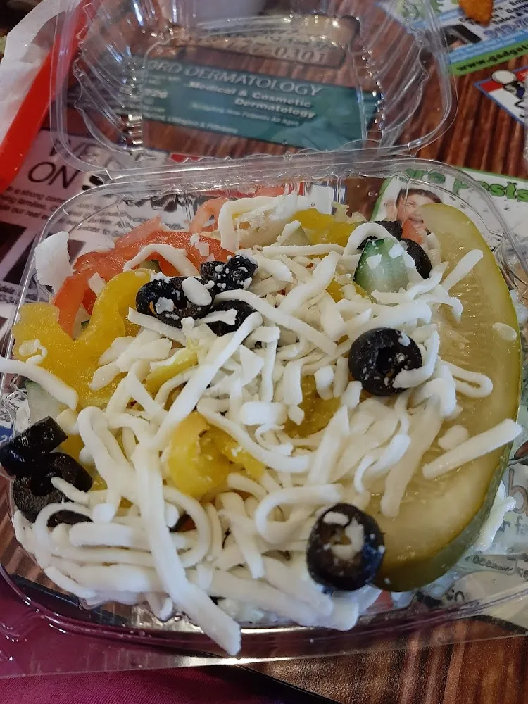 Side Salad Cucumber Tomato Banana Peppers Cheese and Black Olives